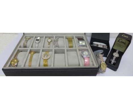 Ten lady's wristwatches in a presentation case and three others, Limit, DKNY and Timex