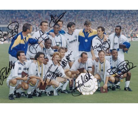 Football autographed Leeds United 12 X 8 Photo: Col, Depicting A Superb Image Showing Leeds United Players Celebrating With T