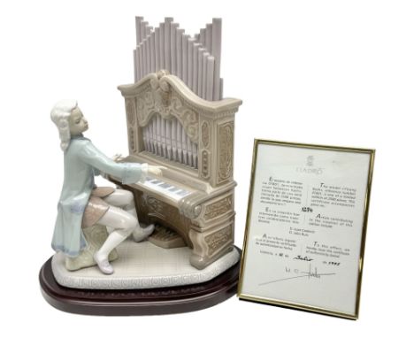 Lladro figure, Juan Sebastian Bach, modelled as a young Juan Sebastian Bach playing the piano, on a mahogany oval base, with 