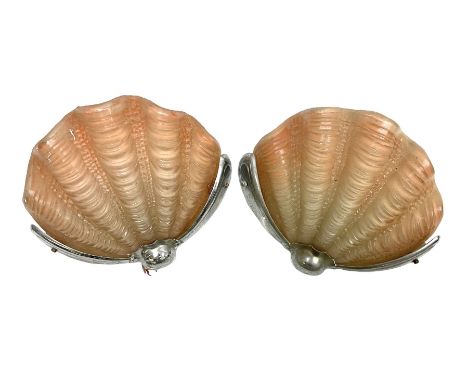 Pair of 1930s Art Deco wall lights, the opaque pink clam shell form glass shades with stylised chrome mounts, W26cm