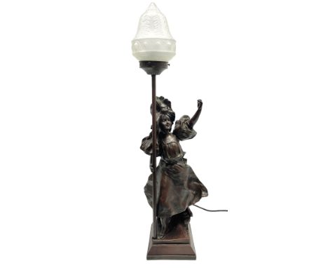 Bronzed Viens Jouer figural table lamp, after Victor Leopold Bruyneel (French, b. 1859), modelled as a lady holding the pole 