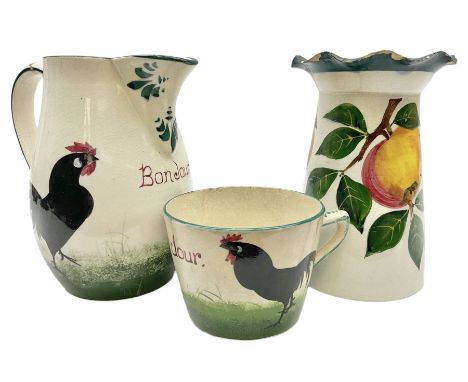 Wemyss Bonjour black cockerel pattern jug and cup, together with Wemyss appel pattern vase of tapered form with flared petall