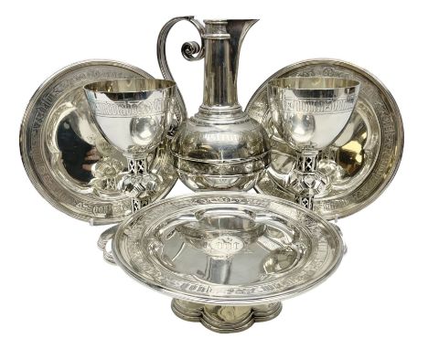 Group of Victorian Ecclesiastical silver-plate by Henry Wilkinson &amp; Co, Sheffield, comprising two chalices with pierced s