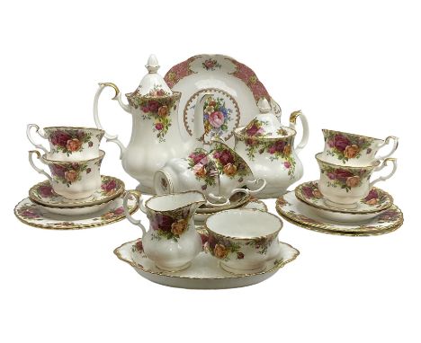 Royal Albert Old Country Roses pattern tea service for six, comprising teapot, hot water pot, seven teacups, six saucers, six