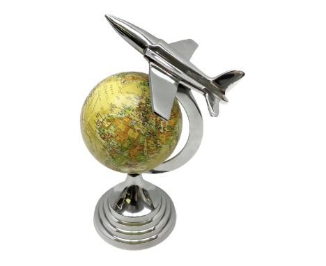 Art Deco style world globe with chrome aeroplane finial and mounts, H31cm