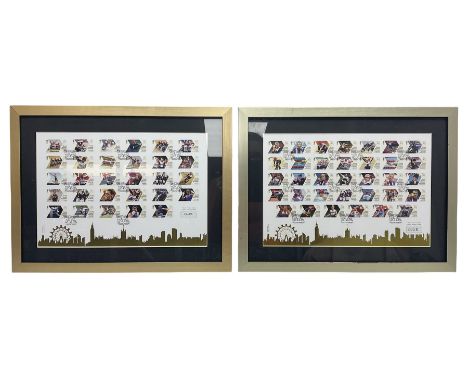 Two framed limited edition sets of London 2012 Olympic gold medal winner stamps, 419/4500 and 128/1950, W49cm H37cm