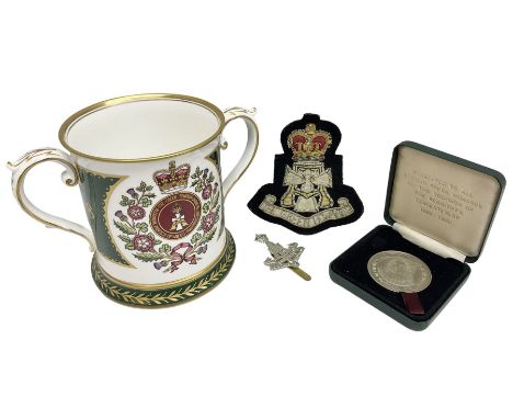 Limited edition Spode Green Howard's twin handled loving mug, no 205/300, with certificates, together with a Green Howards ca