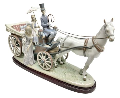 Large Lladro figure, The Landau Carriage, modelled as a horse drawn open top carriage, on a mahogany base, no 1521, sculpted 