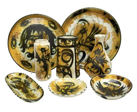 20th century Celtic Pottery, Newlyn, vases of baluster and cylindrical form, ovoid shaped bowl, plates, rectangular shallow d