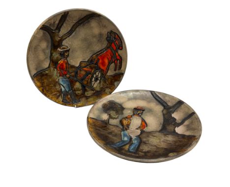 Pair of mid 20th century Ruscha West German pottery plates, the first example decorated with a man farming with horses, the s