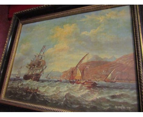 An oleograph, a clipper and other sailing boats off a coast and a rowing boat with crew in the foreground, signed A. HULK '75