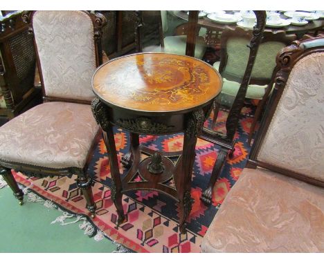 A French 18th Century revival marquetry inlaid circular top lamp table with decorative brass ormolu mounts and painted enamel