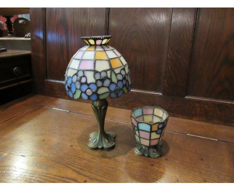A leaded stained glass candle lamp and another 
