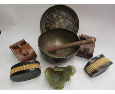 A brass serving bowl, brushes set, jade pot a/f and tableware plate 