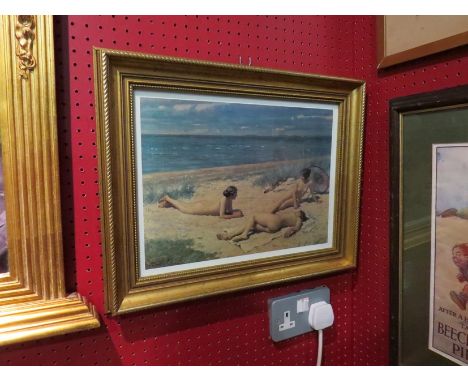 A coloured print after Paul Fischer of three naked females on a beach, gilt framed and glazed, 28cm x 37cm
