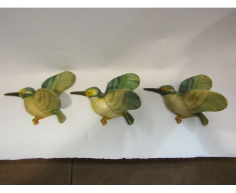 Three ceramic flying birds, Kingfishers, unmarked