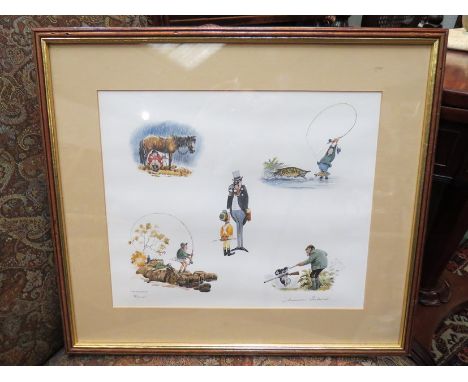 A Norman Thelwell signed limited edition print number 59/2500 depicting humorous countryside pursuit scenes, framed and glaze