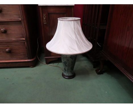 A decorative baluster form table lamp, green ground with blue foliate pattern, with shade 