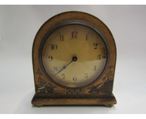 An Asprey chinoiserie mantel clock, 14cm tall