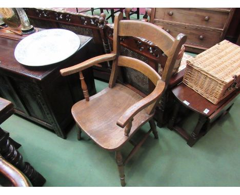 Two elm seated carver chairs with ring turned legs 