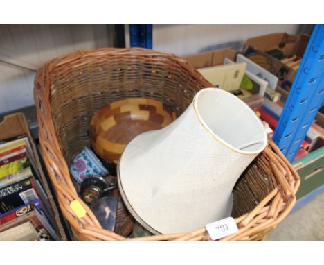 A wicker basket and contents of table lamp; fruit bowl etc
