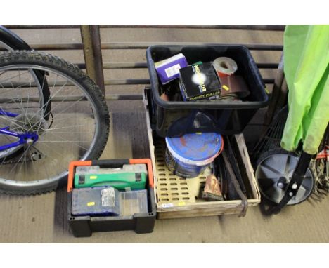 Three boxes of various fittings, tools, sandpaper etc