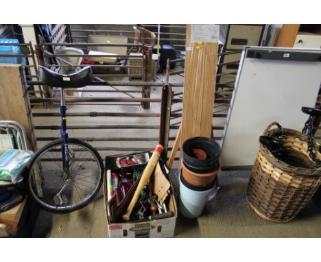 A quantity of plastic flower pots, as new wooden shelf and a box of various tools and sundry items