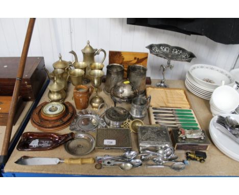 A quantity of various metalware to include cased butter knives, trinket boxes, souvenir spoons, brass goblets etc