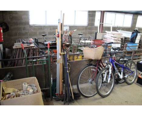 A quantity of various long handled gardening tools, a quantity of chimney sweep and drainage rods