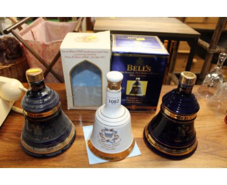 Three Bells Scotch whisky decanters, two with box