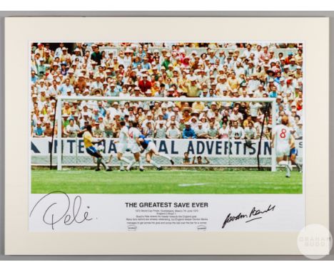 A large colour photographic print of The Greatest Save Ever by Gordon Banks of England against Pele of Brazil in the 1970 Wor