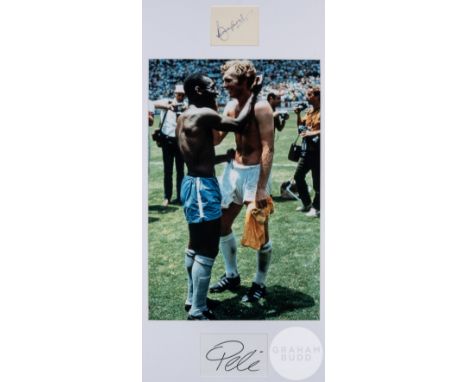 Bobby Moore and Pele double-signed 1970 World Cup shirt swap framed photographic display,
18 by 12in. colour photograph mount