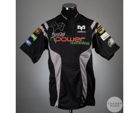 Black Ospreys No.16 match worn shirt-sleeved shirt, 
KooGa, XL,&nbsp;with button-up collar and embroidered badge inscribed OS