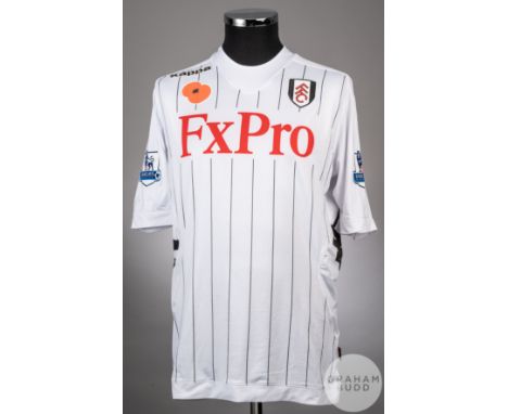 Philippe Sendros white and black Fulham FC no.4 shirt from the 2012-13 season away game v Arsenal at the Emirates stadium tha