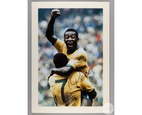 A large colour photographic print of Pele celebrating&nbsp;scoring Brazil's 100th World Cup Goal,
signed on the front by Pele