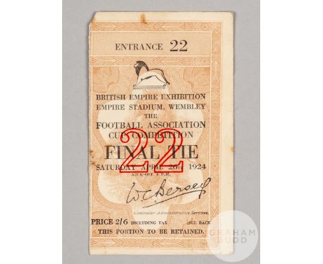 1924 FA Cup Final ticket stub, held at British Empire Exhibition Empire Stadium, Wembley, 26th April,
bears slight staining a