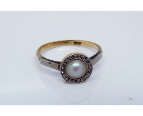 Small Edwardian cultured pearl and rose cut diamond cluster ring on an 18ct gold shank ring size K