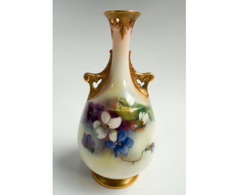 Royal Worcester narrow necked twin handled vase, hand painted with violets.  Numbered on base 288.  Height 15cm 