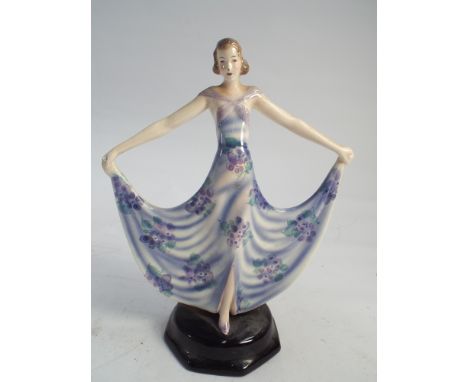 Goldscheider Austrian pottery figurine of a lady in an art deco lilac dress numbered on base 65531676 and printed black marks