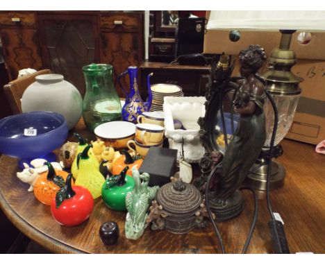 Figure mirror lamp, glass table lamp, Noritake tea set, fruit glass paperweights and various other ornamental items etc. 