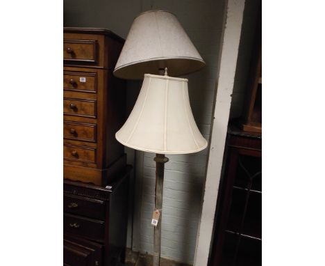 Painted metal standard lamp with shade and an oak standard lamp with shade 