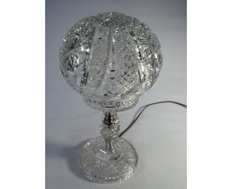 A vintage cut glass lead crystal globe table lamp height 35cms 