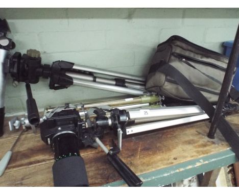 2 Tri-pods, telescope, spotter telescope on a tripod and a Chinon camera and lens in a bag