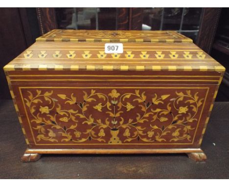 A large Indian marquetry inlaid tea caddy 15" wide, 10" high 