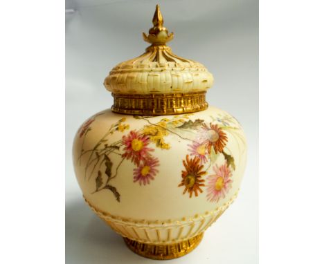 Royal Worcester blush ivory pot pourri vase and cover,  hand painted with summer flowers on a basket weave style cream and gi