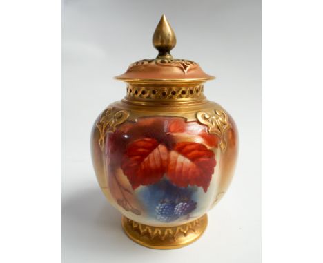 Royal Worcester pot pourri jar and cover, hand painted with autumnal fruits, probably by Kitty Blake.  Height including cover