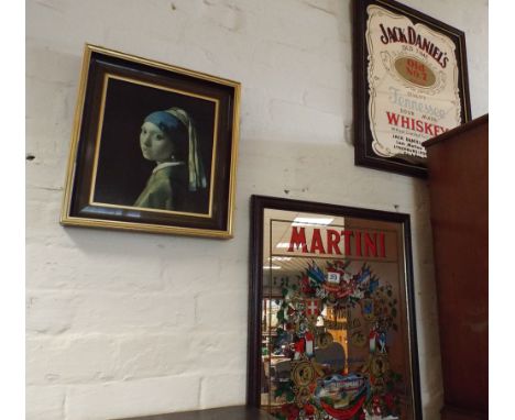 Two pub advertising mirrors and a print of a girl with a pearl earring 