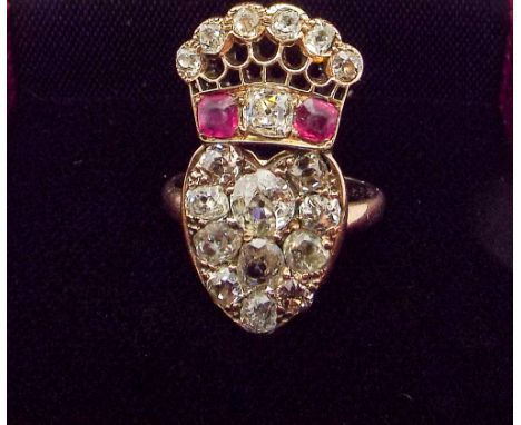 19th century ruby and diamond plaque ring modelled as a diamond set heart with ruby and diamond crown mount, set in yellow go