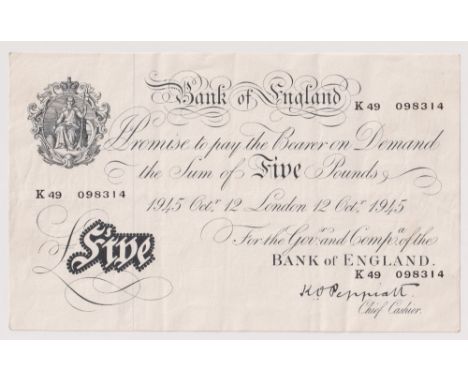 Bank Note, a K.O. Peppiatt white Five Pound note dated 12th Oct 1945, K over 49 098314