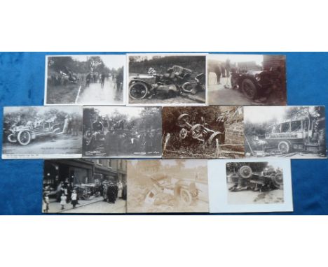 Postcards, Motoring, a selection of 10 motoring accidents inc. RPs of Traction Engine accident Grafton nr Hants; motor crash 
